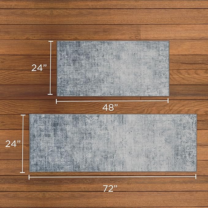 Wyatt & Ash Blue Hazen Abstract Imagine Printed Chenille 2' x 6' Runner Rug / 2' x 4' Accent Rug Non Skid & Machine Washable Rugs 2 Piece Set