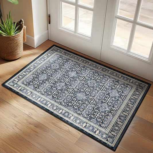 Dark Blue Entry Rugs Indoor, 2x3 Small Door Rugs for Entryway/Kitchen/Bathroom, Washable Non Slip Low Pile Thin Door Mat Indoor Entrance, Boho Floral Moroccan Trellis Printed Transitional Style