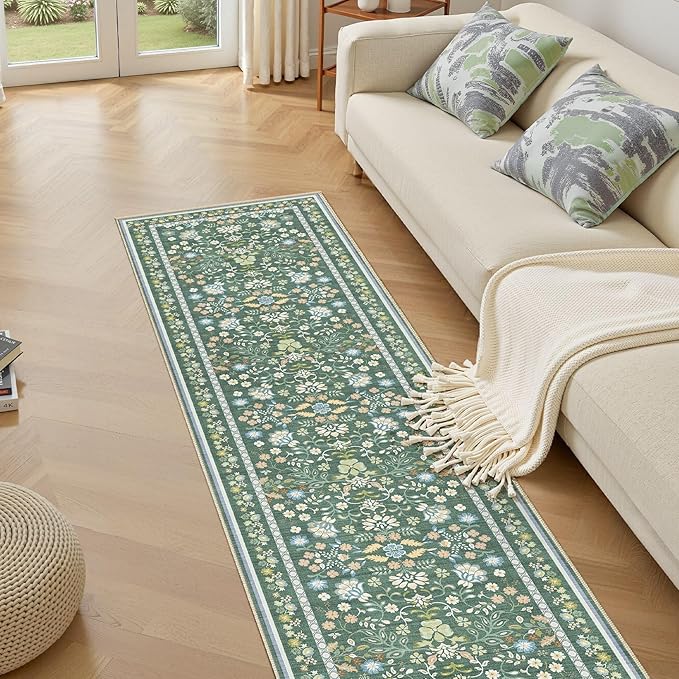Runner Rug for Hallways Kitchen: 2x8 Washable Area Rug Boho Floral Soft Long Rug - Non-Slip Low Pile Throw Indoor Carpet for Entryway Kitchen Bedroom Laundry Bathroom - Green