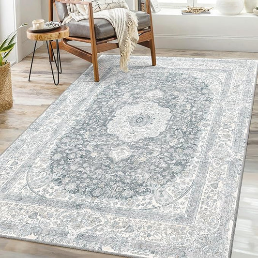 Grey Rug 3x5,Washable Area Rugs for Bedroom Living Room Kitchen Entryway,Small Boho Vintage Bohemian Distressed Non Slip Carpet,Floral