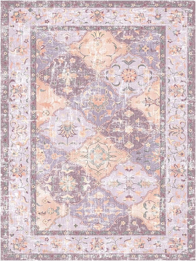Washable Boho Vintage Area Rugs 5×7 Non-Slip Traditional Mauve Purple Carpet for Nursery Living Room Bedroom Dining Room Girls' Room