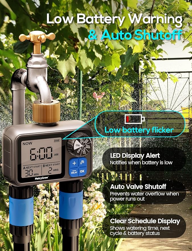 Sprinkler Timer, Programmable Irrigation Water Timer with 2 Brass Inlet for Garden Hose, Automatic Watering System for Yard Lawn, Rain Delay