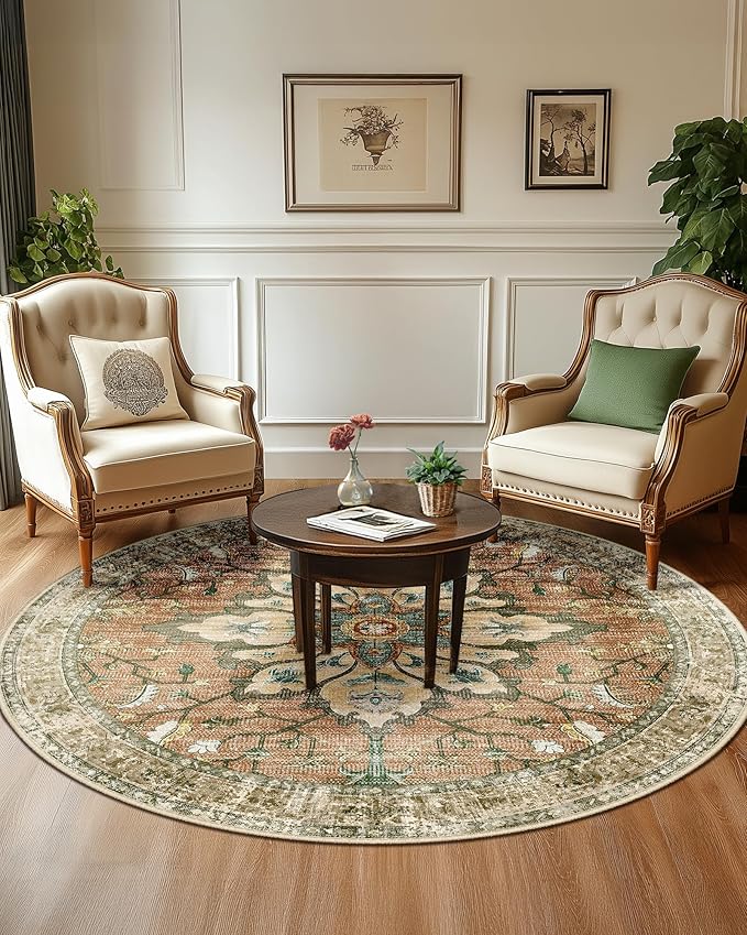 Area Rugs 7ft Washable Non-Slip, Floral Vintage Distress Print Pattern Medallion Carpet for Living Room Bedroom Dining Room, Brick Red Rust Neutral Brown Burnt Orange