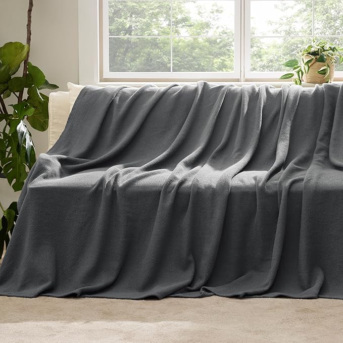 Bedsure GentleSoft 100% Cotton Blanket Twin XL Size for Bed - Breathable and Lightweight, Soft Cozy Textured Herringbone Woven Summer Blanket for College Dorm, Dark Grey, 66x90 inches