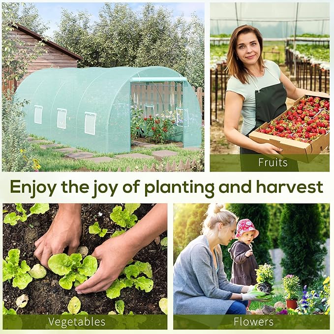 Outsunny 20' x 10' x 7' Walk-in Tunnel Greenhouse, Garden Warm House, Large Hot House Kit with 8 Roll-up Windows & Roll Up Door, Steel Frame, Green