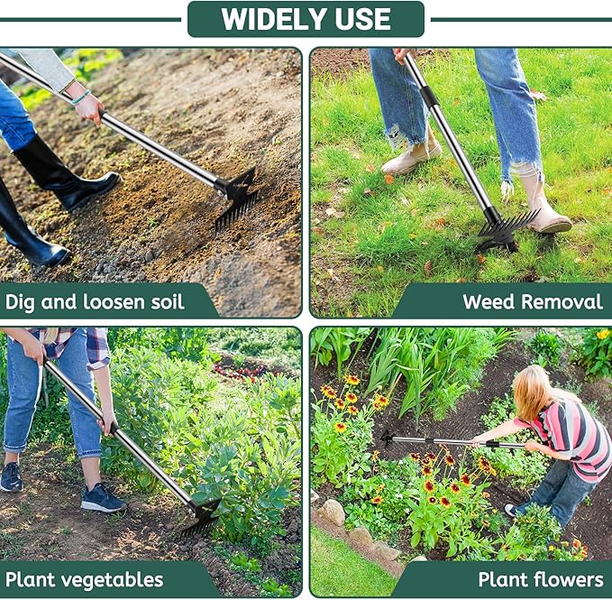 Weed Puller Tool with Long Handle, 11 Tooth Weed Remover Tool, 2 in 1 Weed Rake and Garden Hoe for Weeding, Weeder Tool with Detachable Handle, Uprooting Weeding Tool for Yard, Lawn, Patio,Garden