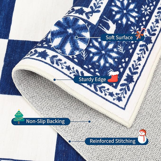 GarveeHome Blue 4x6 Rugs for Living Room, Washable Rug for Christmas Decor, Indoor Non Slip Carpet, Checkered Soft Low Pile Christmas Rug for Entryway, Bedroom, Dining Room
