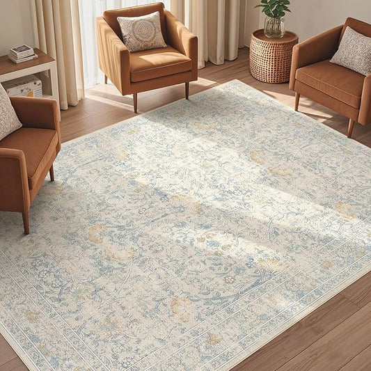 5x7 Area Rug Living Room Rugs - Washable Boho Vintage Floral Large Soft Non Slip Thin Rug Low Pile Carpet for Bedroom Dining Room Kids Playroom Office Decor Indoor- Light Blue