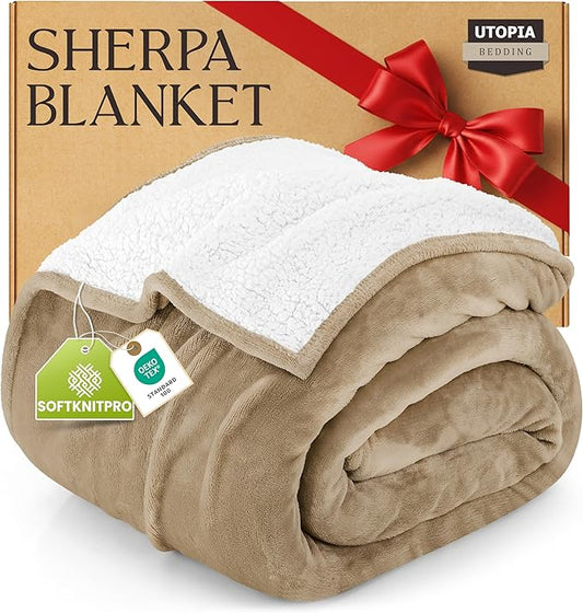 Utopia Bedding Sherpa Blanket California King Size (Camel, 102x96 Inches) - Soft Lightweight Plush Fleece Reversible Blanket for Bed, Sofa, Couch, Camping and Travel