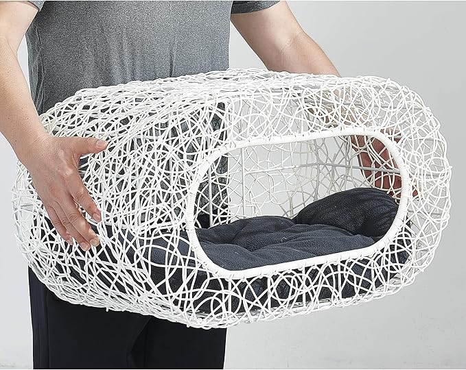 Fun Stackable White Cat Condo Clearance for Indoor Cats - Interactive Play Rattan Modern Cat House for Indoor Cats Kitty, Pet Friendly Top/Side House Entry, Cat Bed Enclosed