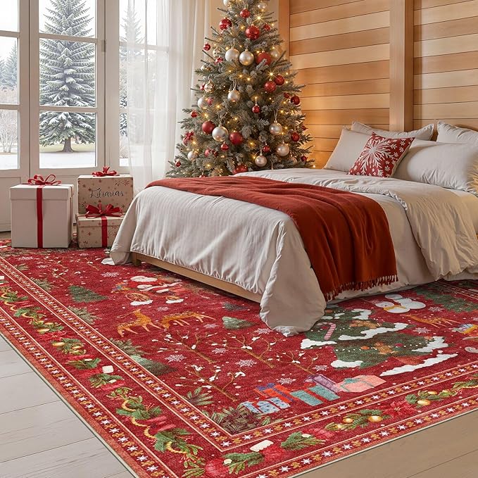 Christmas Area Rug Living Room Rugs: 8x10 Neutral Modern Washable Festive Soft Thin Non-Slip Indoor Carpet for Bedroom Dining Table and Home Office Holiday Decor - Red