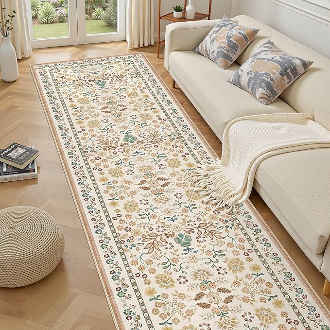 3x8 Runner Rug for Hallways Kitchen: 3x8 Washable Area Rug Boho Floral Soft Long Rug - Non-Slip Low Pile Throw Indoor Carpet for Entryway Kitchen Bedroom Laundry Bathroom - Brown