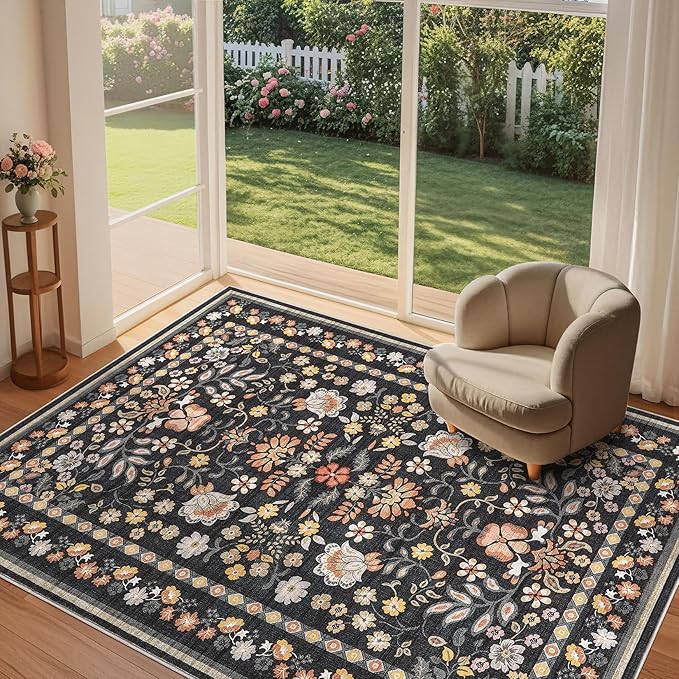10x12 Area Rug Living Room Rugs - Washable Boho Vintage Floral Large Soft Non Slip Thin Rug Low Pile Carpet for Bedroom Dining Room Kids Playroom Office Decor Indoor- Black Grey