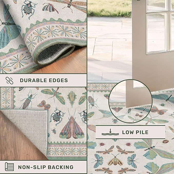 Sage Green Rugs for Bedroom Under Bed - 6x9 Area Rug for Living Room, Dining Room, Kids Playroom, Fun Insect Cute Décor,Ultra Soft Non Slip Stain Resistant