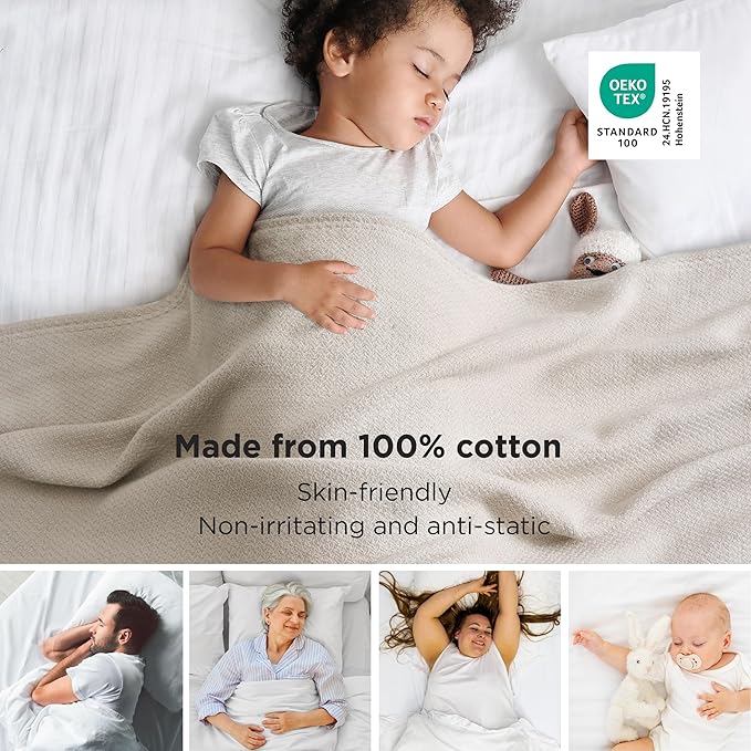 Bedsure GentleSoft 100% Cotton Blanket Full Size for Bed - Breathable and Lightweight, Soft Cozy Textured Herringbone Woven Blanket for Summer Spring, Linen Beige, 80x90 inches