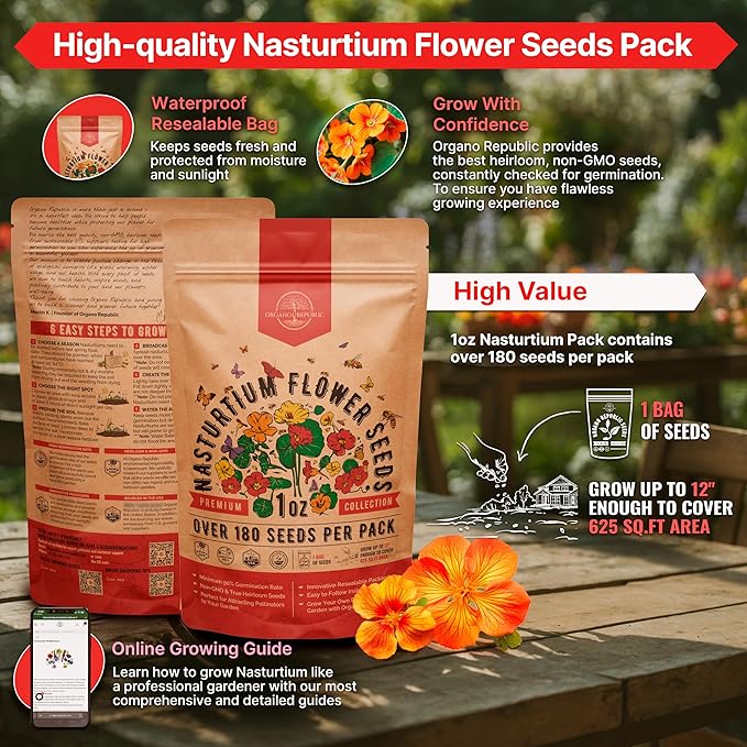 Nasturtium Seeds Pack 1 oz - Non-GMO Heirloom Flower Seeds for Planting, Edible Flowers in Individual Seed Packet, Nasturtium Seed for Planting Home Garden Indoor & Outdoor Gardening