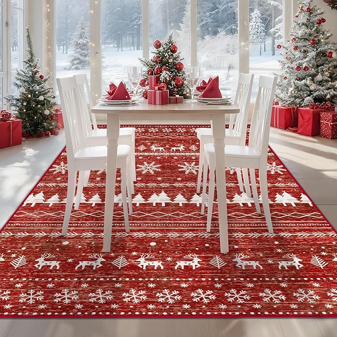 Christmas 6x9 Area Rugs for Living Room: Washable Moroccan Geometric Rug Boho Non Slip Stain Resistant Rugs Low Pile Soft Carpet for Xmas Holiday Decor Bedroom Dining Room Playroom (Xmas Red,6'x9')