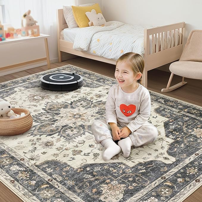 Area Rug for Living Room - 7x9 Soft Washable Oriental Vintage Floral Distressed Large Carpet - Fade Stain Resistant Non Slip Rugs for Bedroom Dining Room Nursery Dorm Office Home Decor - Beige Blue