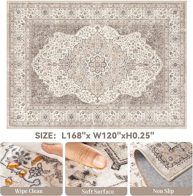 Washable Rug 10x14 Area Rugs for Living Room Bedroom Dining Room Home Office Floor Decor-Stain & Fade Resistant Non Slip Backing Carpet,Ultra-Thin Vintage Large Carpets(Brown/Beige,10'x14')