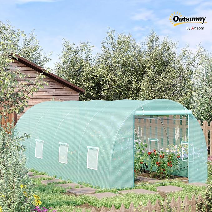 Outsunny 20' x 10' x 7' Walk-in Tunnel Greenhouse, Garden Warm House, Large Hot House Kit with 8 Roll-up Windows & Roll Up Door, Steel Frame, Green