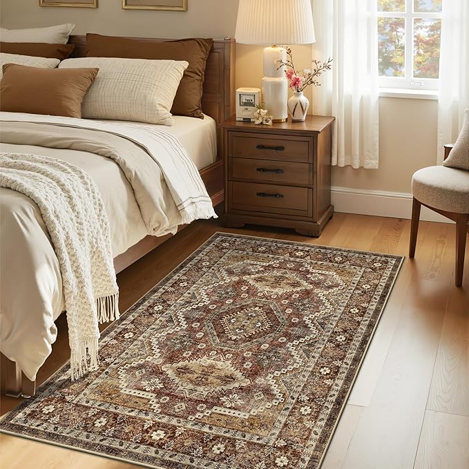 Rugland 3x5 Rug - Stain Resistant Washable Rug, Anti Slip Backing Rugs for Living Room, Vintage Tribal Area Rugs (TPR07-Rust, 3'x5')