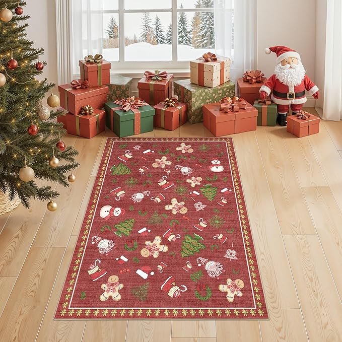 Washable Christmas Area Rug: 3x5 Neutral Modern Festive Carpet - Non-Slip Soft Thin Low Pile Throw Indoor Rugs for Bedroom Kitchen Entrance Living Room - Red