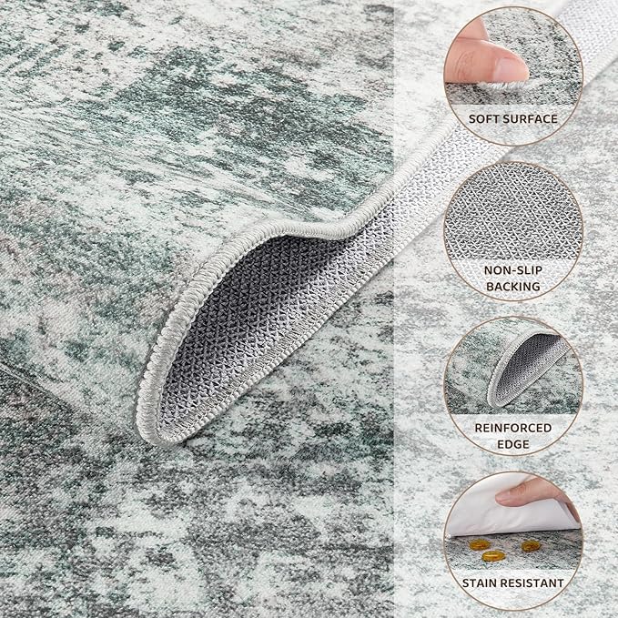10x12 Area Rug Living Room Rugs - Washable Neutral Modern Abstract Soft Thin Large Rug Indoor Floor No Slip Rug Carpet for Bedroom Under Dining Table Home Office Decor - Green/Grey