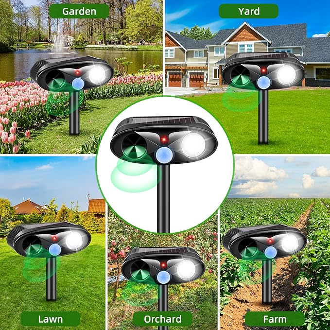 Upgraded Solar Animal Repellent Outdoor Deer Repellent Devices Cat Deterrent with Motion Sensor & Flashing Light,Ultrasonic Control for Squirrel Raccoon Dog Rabbit Skunk for Yard Garden, 2 Pack Black