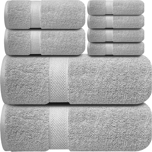 Infinitee Xclusives Luxury 100% Cotton Towel Set – 8 Piece Bathroom Towel Set (2 Bath Towels, 2 Hand Towels, 4 Washcloths) – Soft & Absorbent Towels for Bathroom (Charming Grey)