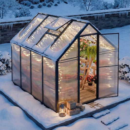6'x8' Snap-Together Greenhouse - Easy 3-Way Connectors, Heavy-Duty Aluminum Frame, Wind/Snow Resistant for Gardening/Urban Farming, Includes Sliding Door and Ventilation Windows