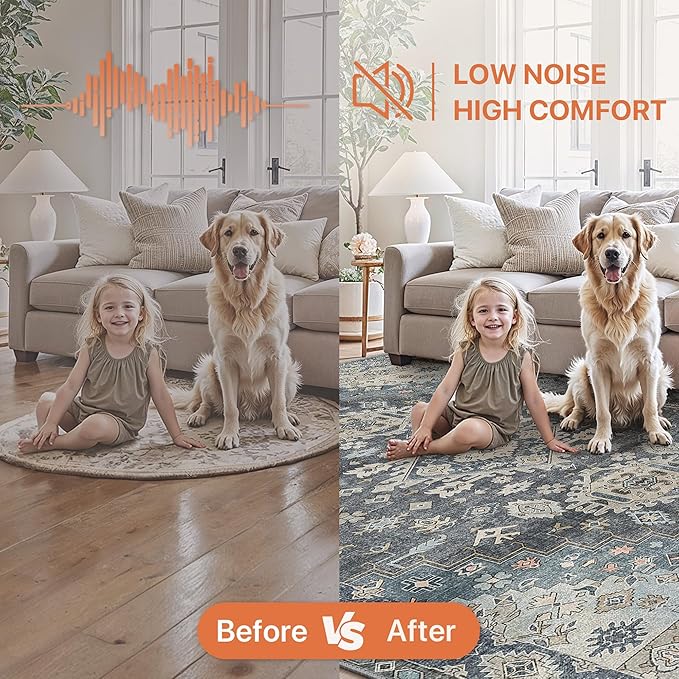 GENIMO Machine Washable 5x7 Area Rugs for Living Room, Non Slip Vintage Rugs, Low Pile Lightweight Chenille Print Rug for Bedroom, Dining Room, Home Office, Slate Gray Blue