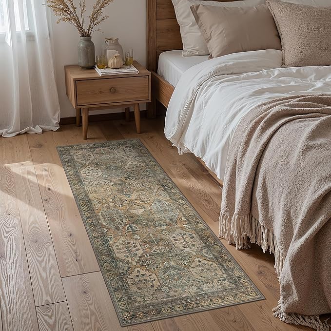 GENIMO 2x7 Runner Rugs for Hallway, Machine Washable Non Slip Vintage Rugs, Low Pile Lightweight Soft Print Rug for enrtyway, Corridor, Home, Office, Kitchen, Muted Taupe