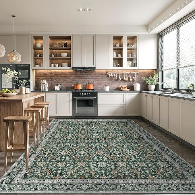 Rugland 8x10 Area Rugs - Stain Resistant Washable Rug, Anti Slip Rugs for Living Room, Vintage Tribal Area Rugs(Vintage01-Green, 8'x10')