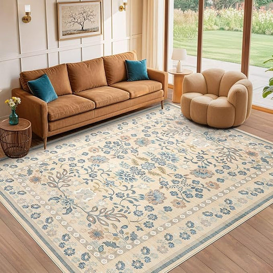 7x9 Area Rug Living Room Rugs - Washable Boho Vintage Floral Large Soft Non Slip Thin Rug Low Pile Carpet for Bedroom Dining Room Kids Playroom Office Decor Indoor- Multi Color