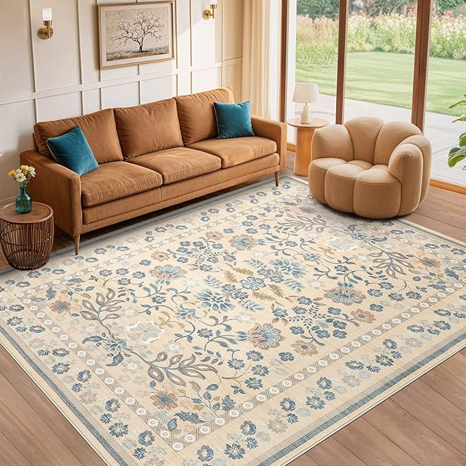8x10 Area Rug Living Room Rugs - Washable Boho Vintage Floral Large Soft Non Slip Thin Rug Low Pile Carpet for Bedroom Dining Room Kids Playroom Office Decor Indoor- Multi Color