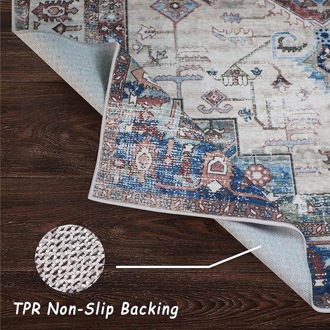 vivorug 5x7 Area Rugs - Ultra-Thin Washable Rug with Non-Slip Backing, Ideal for Living Room, Bedroom, Kitchen Floor Carpet - Vintage Style, Easy Clean, Durable, Low Pile Rug Brown