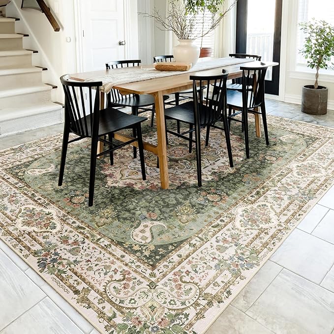 8x10 Area Rugs Washable,Green Rug for Living Room Bedroom Dining Room,Large Boho Vintage Bohemian Distressed Carpet Non Slip,Floral