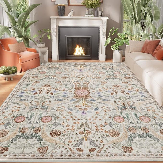 AMTOVO 5x7 Washable Area Rugs for Living Room, Vintage Boho Floral Distressed Print Non-Slip Carpet, Soft Colorful Accent Rug for Bedroom Dining Room Playroom Nursery Farmhouse Girls Room, Beige