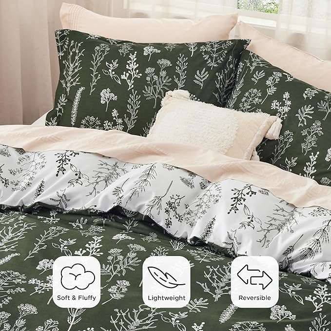 Bedsure Twin/Twin XL Comforter Set - Dark Olive Green Bed Set, 2 Pieces Cute Floral Bedding, 1 Soft Reversible Botanical Flowers Comforter and 1 Pillow Sham
