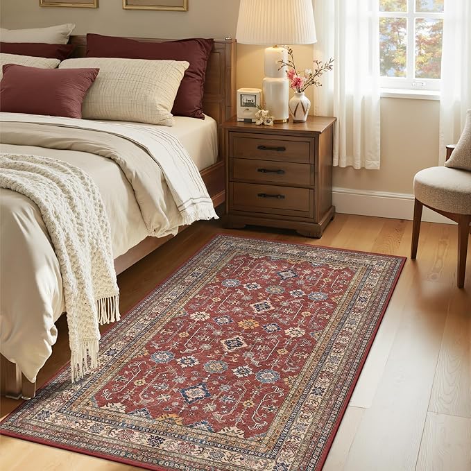 Rugland 4x6 Rug - Stain Resistant Washable Rug, Anti Slip Backing Rugs for Living Room, Vintage Tribal Area Rugs (TPR10-Burgundy, 4'x6')