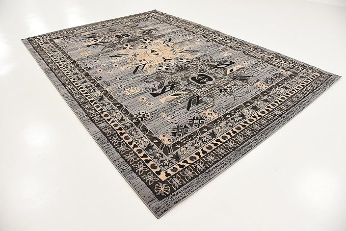 Unique Loom Taftan Collection Border Geometric Tribal Inspired Design Area Rug (7' 0 x 10' 0 Rectangular, Gray/ Black)