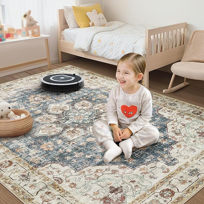 Area Rug for Living Room - 8x10 Soft Washable Oriental Vintage Floral Distressed Large Carpet - Fade Stain Resistant Non Slip Rugs for Bedroom Dining Room Nursery Dorm Office Home Decor - Blue Golden