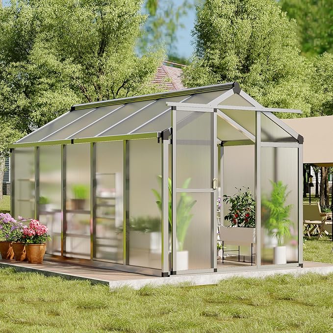 Greenhouse, 6x10 Ft Outdoor Greenhouses, Accessible Green House with Roof Vents and Sliding Doors, Aluminum Frame Polycarbonate Greenhouses, Large Greenhouse for Outdoor Gardens and Backyards, Silver