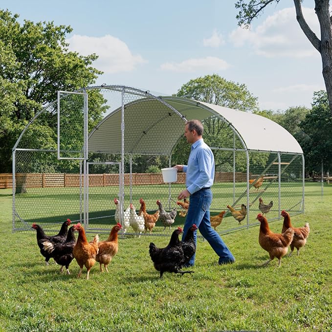 Large Chicken Coop,10x20x6.5FT Metal Chicken Run for Yard with Feeding Door, Round Top Walk-in Chicken Pen,Outdoor Poultry Cage with Anti-UV Cover,Rabbit Duck House