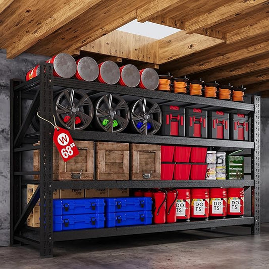 68”W Garage Shelving Units, 8000LBS Storage Shelves Heavy Duty, 24" Deep Metal Shelving Rack, 4 Tier Tall Steel Industrial Shelving , Adjustable Standing Shelf for Warehouse / Shop 68"W x 24"D x 64"H