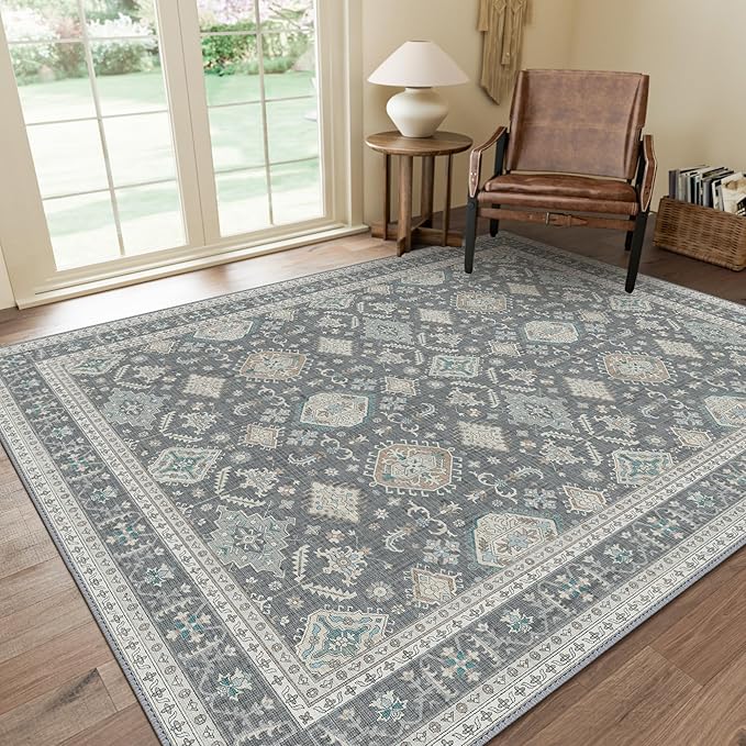 GENIMO Machine Washable 8x10 Area Rugs for Living Room, Non Slip Vintage Rugs, Low Pile Lightweight Chenille Print Rug for Bedroom, Dining Room, Home Office, Gray