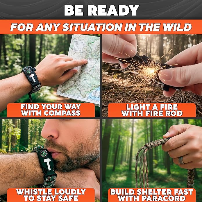 2Pack Survival Paracord Bracelet – 5-in-1 Adjustable Tactical Bracelet for Men with 10 ft Paracord, Flint Fire Starter, Compass, Whistle & Scraper – Survival Gear for Camping, Hiking, Fishing & Travel