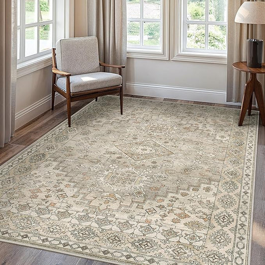 GENIMO Machine Washable 8x10 Area Rugs for Living Room, Non Slip Vintage Rugs, Low Pile Lightweight Chenille Print Rug for Bedroom, Dining Room, Home Office, Sandy Brown
