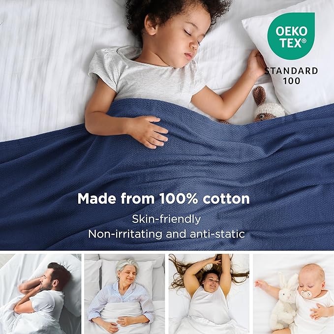 Bedsure GentleSoft 100% Cotton Blanket King Size for Bed - Breathable and Lightweight, Soft Cozy Textured Herringbone Woven Blanket for Summer, Navy Blue, 108x90 inches