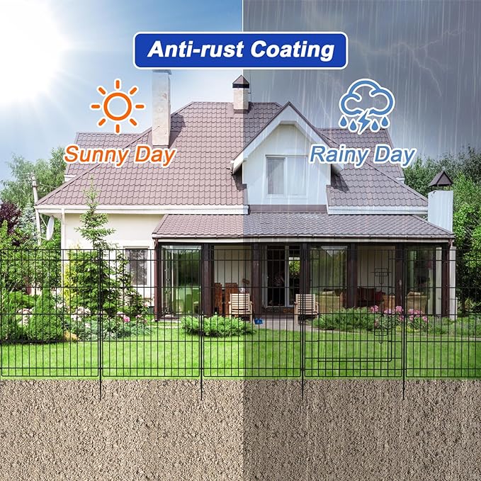 INJOPEXI Decorative Fence 12 Panels 23.6ft (L)30in (H), Metal Fence 11 Panels + 1 Gate Rustproof Wire No Dig Temporary Animal Barrier Fencing for Yard Outdoor Patio